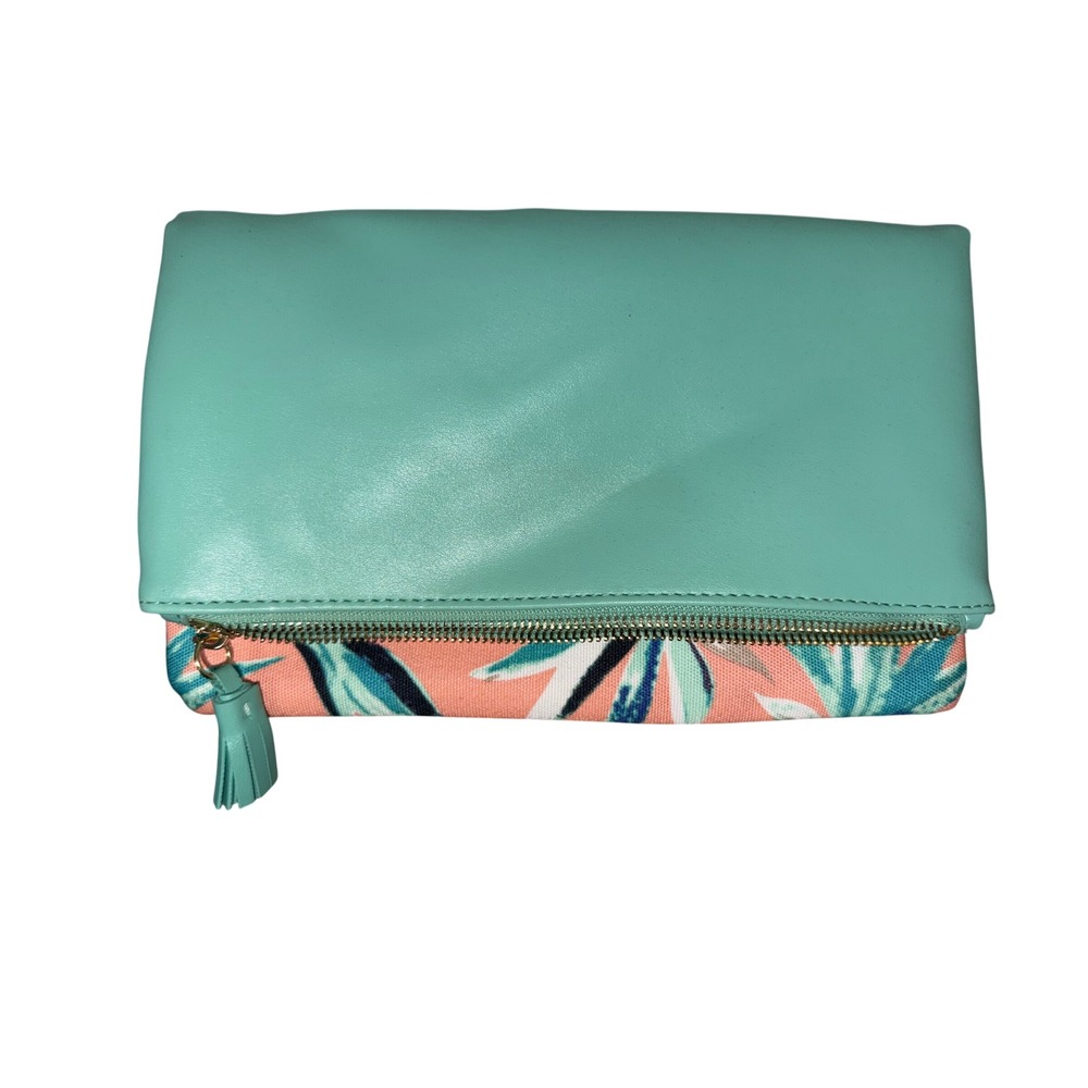 Rachel Pally Foldover Clutch Tropical Bird of Paradise Coral Mint Tassel